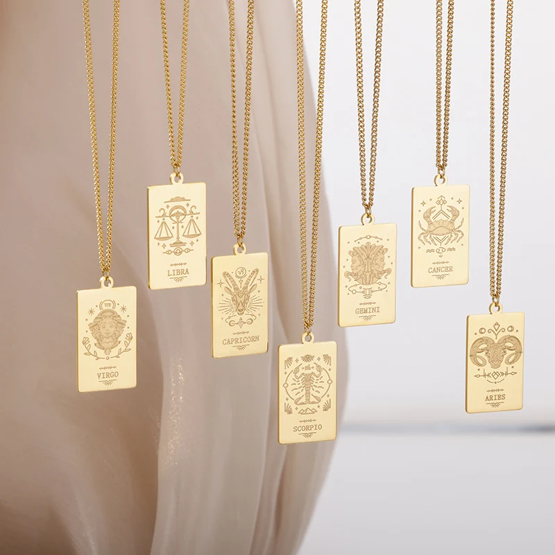 Stainless Steel Zodiac Sign Necklace For Women Constellation Libra Symbol Square Pendant Chain Choker Necklace 2022 Jewelry Gift