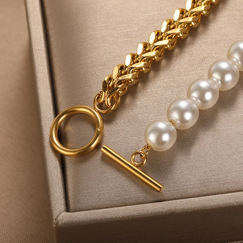 2022 Fashion Pearl Thick Chain Bracelet For Women Stainless Steel Chunky Bracelets Retro Gothic Statement Jewelry Party Gifts 2022 Fashion Pearl Thick Chain Bracelet For Women Stainless Steel Chunky Bracelets Retro Gothic Statement Jewelry Party Gifts