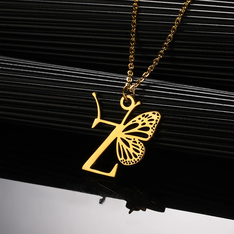 Initial Letter with Butterfly Necklace For Women Butterfly Jewelry Stainless Steel Alphabet Pendant Choker Necklace Female Gift Initial Letter with Butterfly Necklace For Women Butterfly Jewelry Stainless Steel Alphabet Pendant Choker Necklace Female Gift