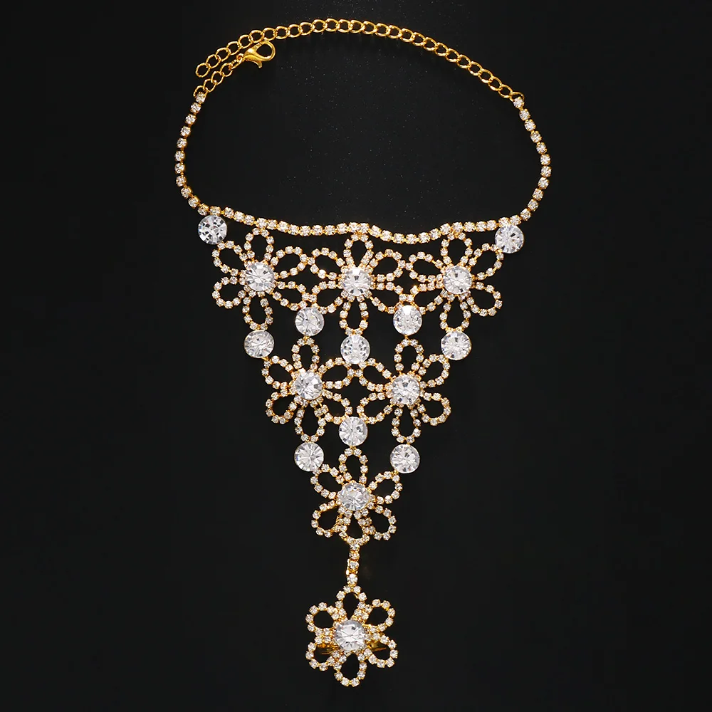 Stonefans Luxury Flower Crystal Finger Chain Bracelets for Women Rhinestone Slave Chain Bangles Wedding Party Bride Hand Jewelry