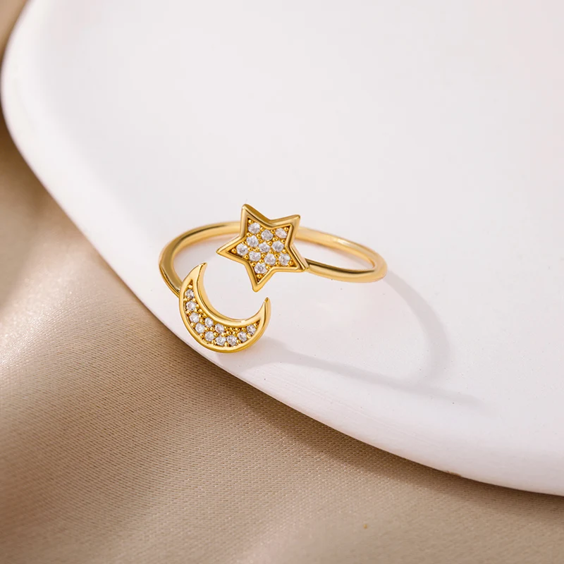 Zircon Moon Star Rings For Women Stainless Steel Gold Silver Color Moon Star Adjustable Ring Aesthetic Jewelery Gift bague femme Zircon Moon Star Rings For Women Stainless Steel Gold Silver Color Moon Star Adjustable Ring Aesthetic Jewelery Gift bague femme