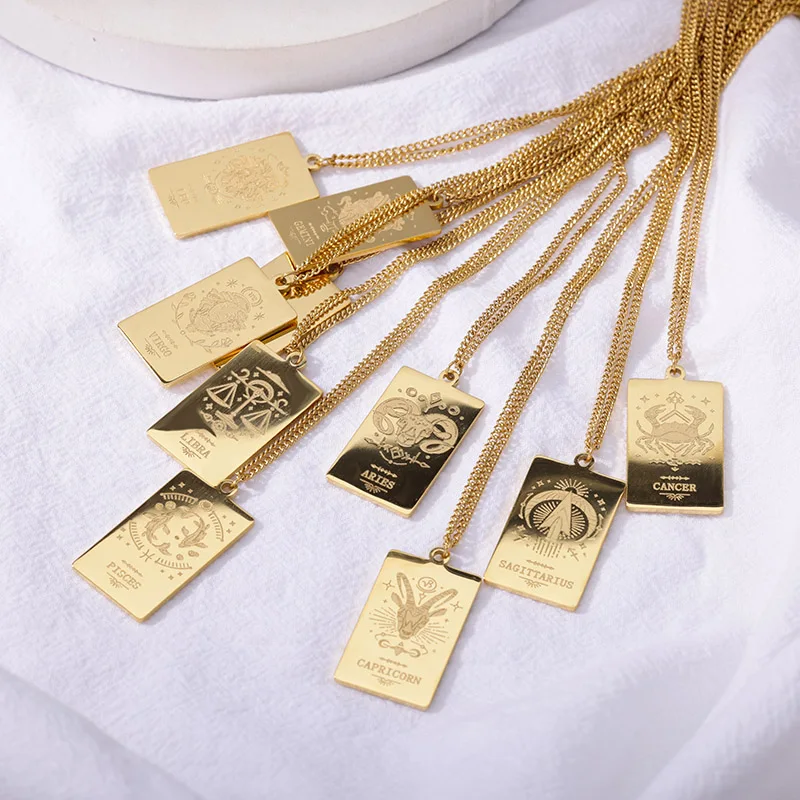 Stainless Steel Zodiac Sign Necklace For Women Constellation Libra Symbol Square Pendant Chain Choker Necklace 2022 Jewelry Gift