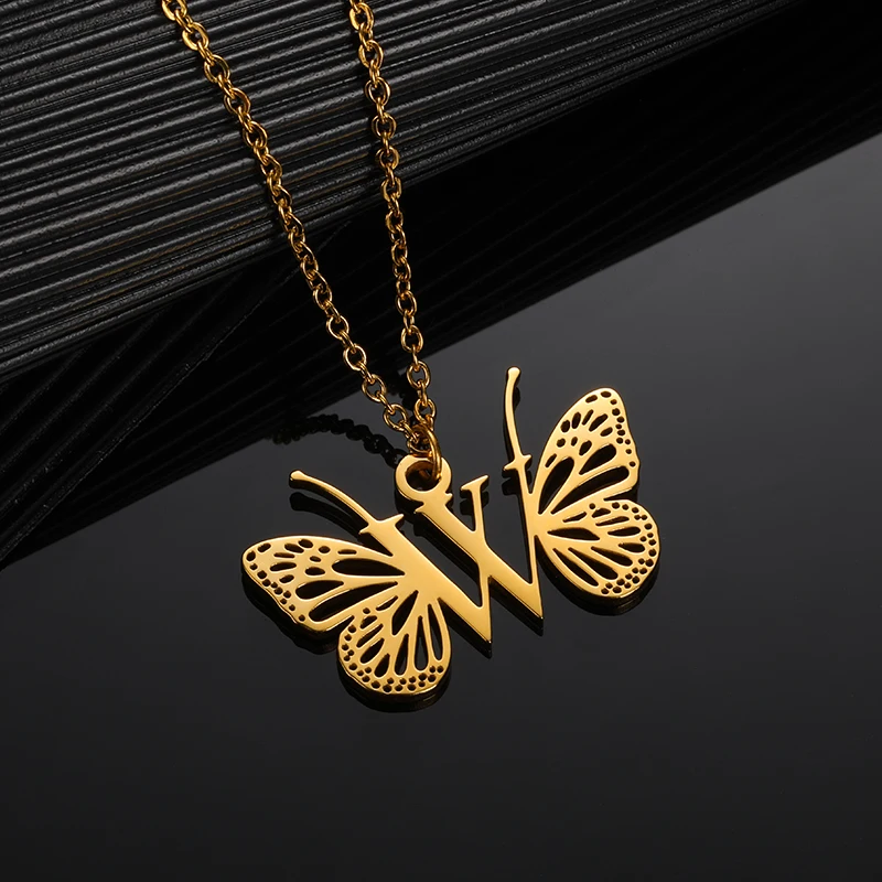 Initial Letter with Butterfly Necklace For Women Butterfly Jewelry Stainless Steel Alphabet Pendant Choker Necklace Female Gift Initial Letter with Butterfly Necklace For Women Butterfly Jewelry Stainless Steel Alphabet Pendant Choker Necklace Female Gift