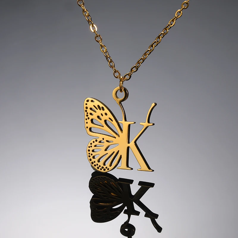 Initial Letter with Butterfly Necklace For Women Butterfly Jewelry Stainless Steel Alphabet Pendant Choker Necklace Female Gift Initial Letter with Butterfly Necklace For Women Butterfly Jewelry Stainless Steel Alphabet Pendant Choker Necklace Female Gift