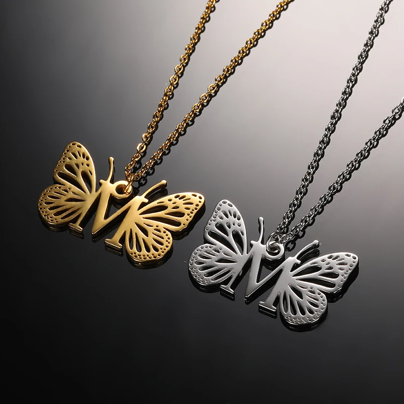 Initial Letter with Butterfly Necklace For Women Butterfly Jewelry Stainless Steel Alphabet Pendant Choker Necklace Female Gift Initial Letter with Butterfly Necklace For Women Butterfly Jewelry Stainless Steel Alphabet Pendant Choker Necklace Female Gift