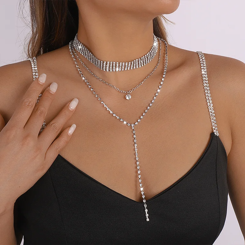 Stonefans Simple Rhinestone Long Tassel Necklace for Women Luxurious Multilayer Claw Chain Collar Y Shape Jewelry Accessories