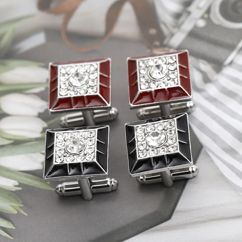 Square Cufflinks Mens Red/Black Enamel Business Cuff Links Button Vintage Retro French Suit Shirt Cufflink Wedding Jewelry Men