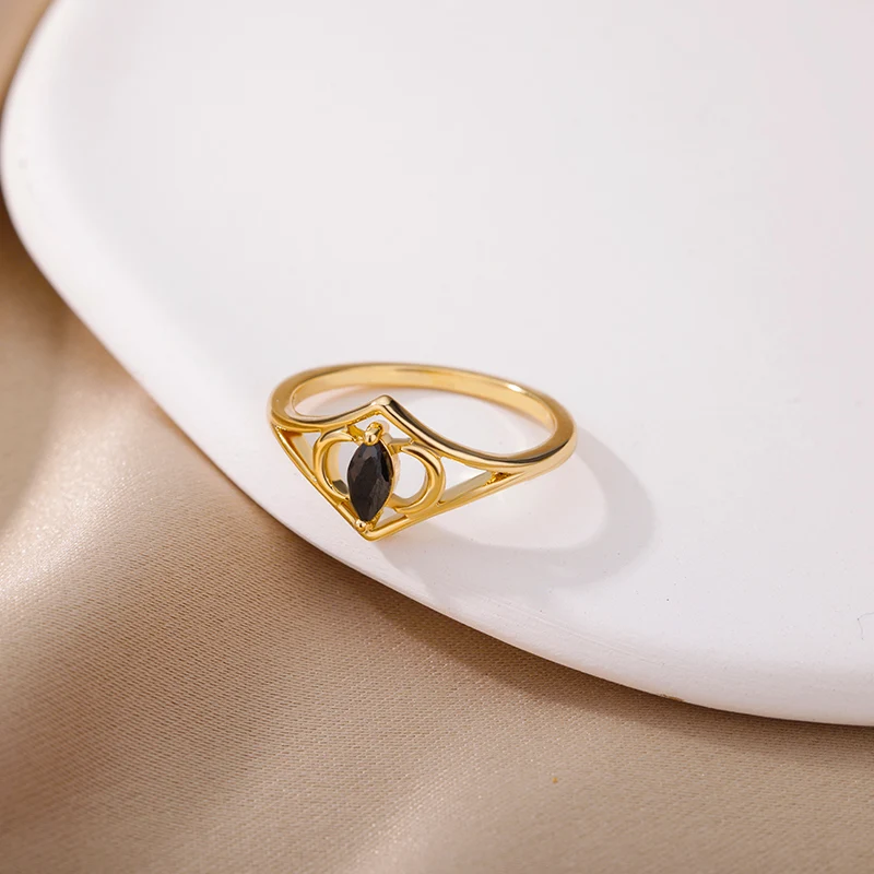 Stainelss Steel Moon Star Black Oval Stone Rings For Women Gold Wedding Couple Rings Boho Aesthetic Jewelry Memorial Gift 2022