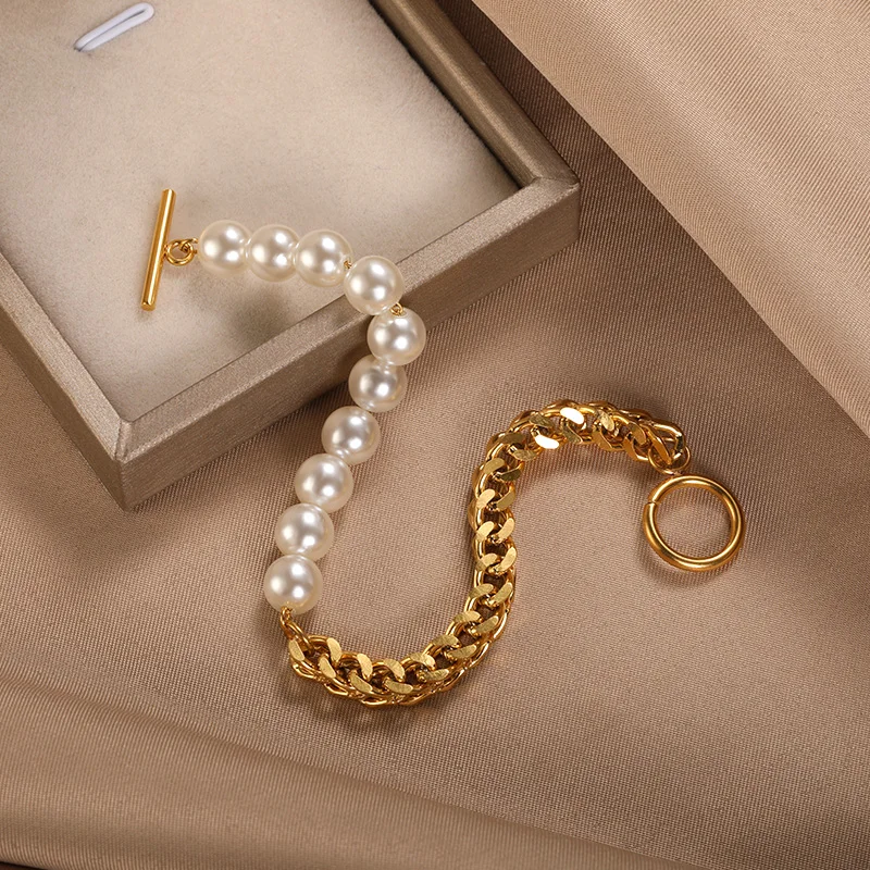 2022 Fashion Pearl Thick Chain Bracelet For Women Stainless Steel Chunky Bracelets Retro Gothic Statement Jewelry Party Gifts 2022 Fashion Pearl Thick Chain Bracelet For Women Stainless Steel Chunky Bracelets Retro Gothic Statement Jewelry Party Gifts