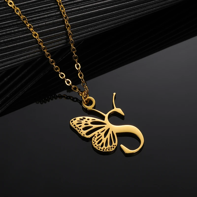 Initial Letter with Butterfly Necklace For Women Butterfly Jewelry Stainless Steel Alphabet Pendant Choker Necklace Female Gift Initial Letter with Butterfly Necklace For Women Butterfly Jewelry Stainless Steel Alphabet Pendant Choker Necklace Female Gift