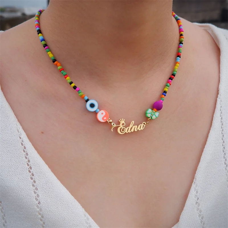 Custom Devil's Eye Butterfly Beaded Name Necklaces for Women Stainless Steel Customized Letters Crown Pendant Mom Jewelry Gift Custom Devil's Eye Butterfly Beaded Name Necklaces for Women Stainless Steel Customized Letters Crown Pendant Mom Jewelry Gift